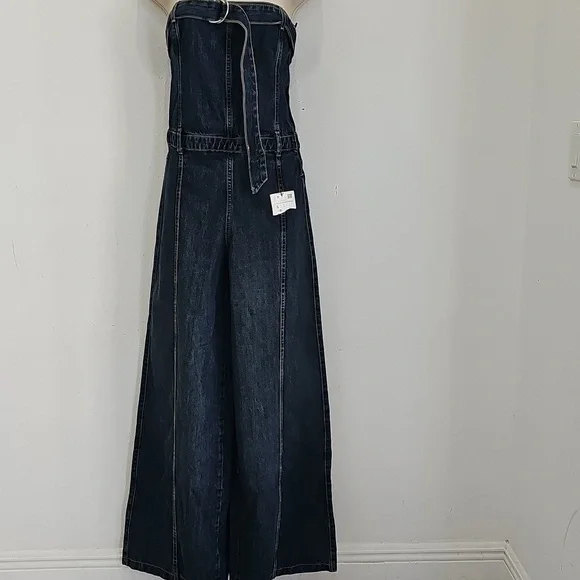 ZARA Strapless Wide-Leg Denim Jumpsuit NWT Size M